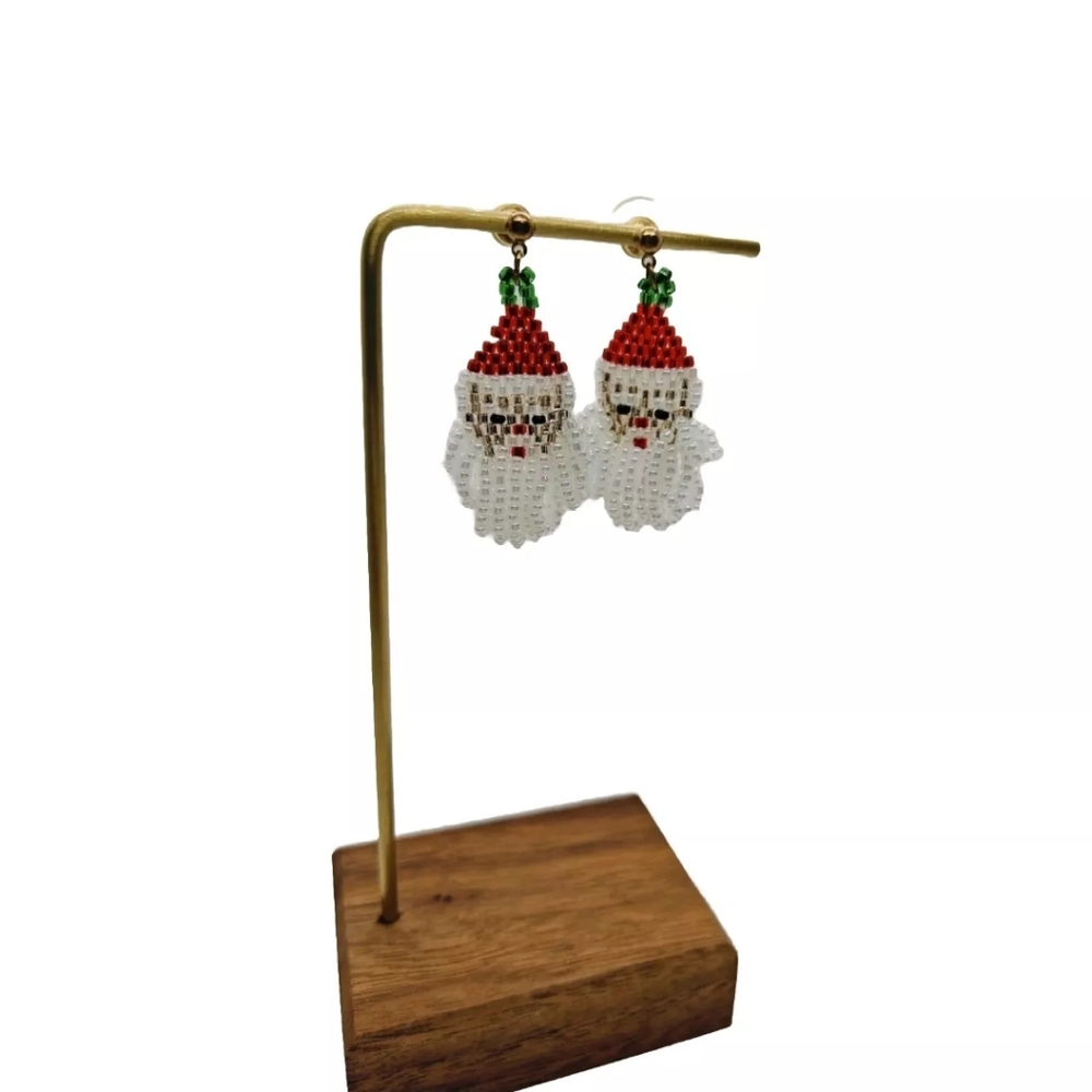 Vintage Santa Earring Seed Bead Hand Made Red Hat Dangle